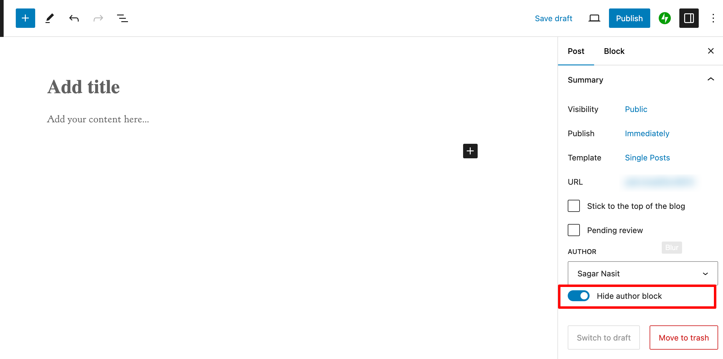 Editor screenshot with hide author block highlighted